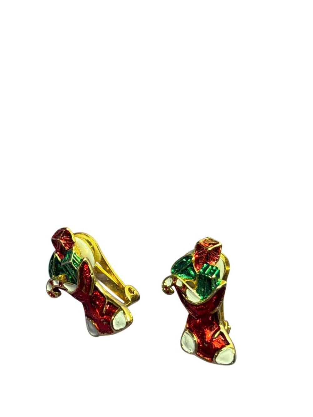 Vintage Christmas Stocking Clip On Earrings Enameled Goldtone 1 inch